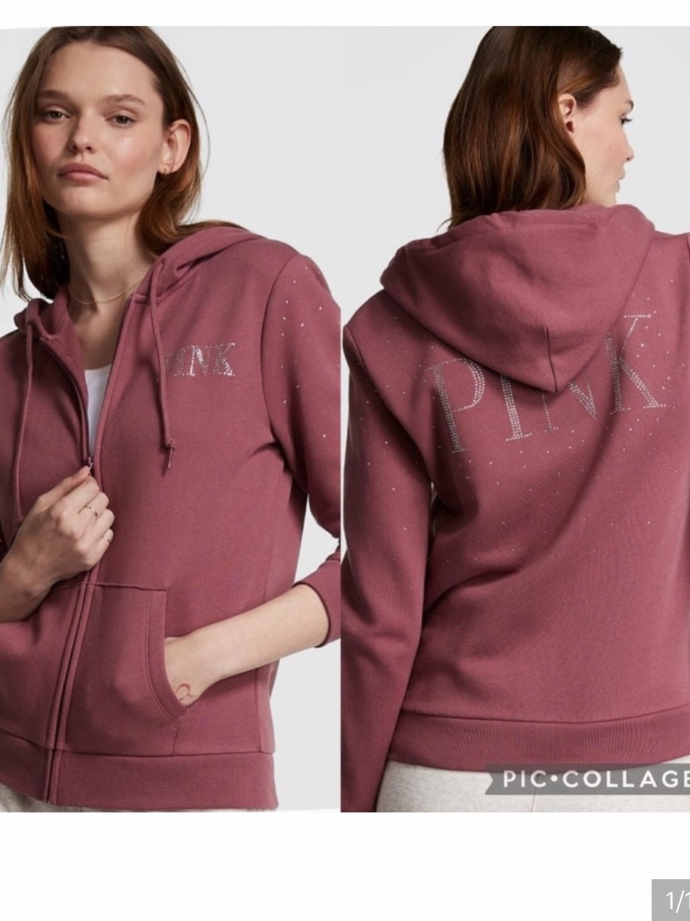 PINK Victoria's Secret Rhinestone-Logo Zip Hoodie in Dusty Rose